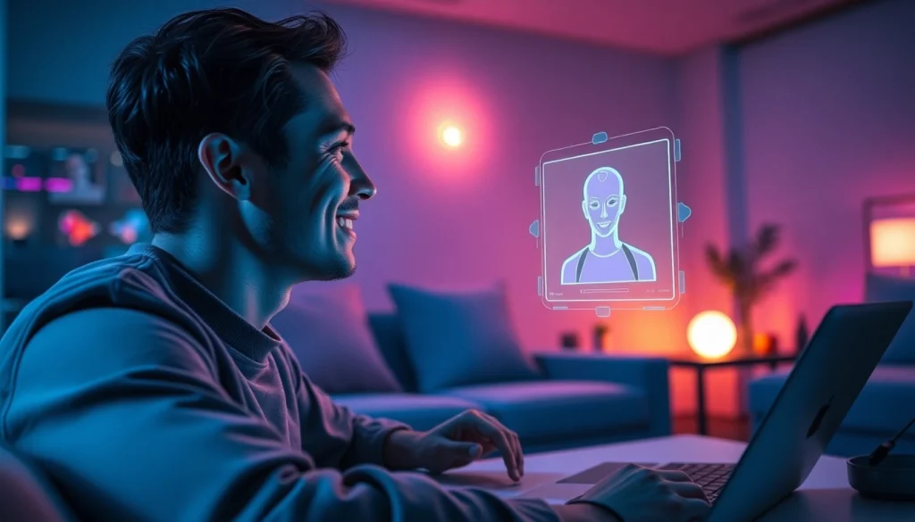 Engaging in a sex AI chat with a futuristic chatbot in a cozy room setting.