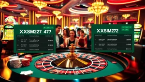 XSMB247 players enjoying a thrilling game at a vibrant roulette table in a luxurious casino environment.