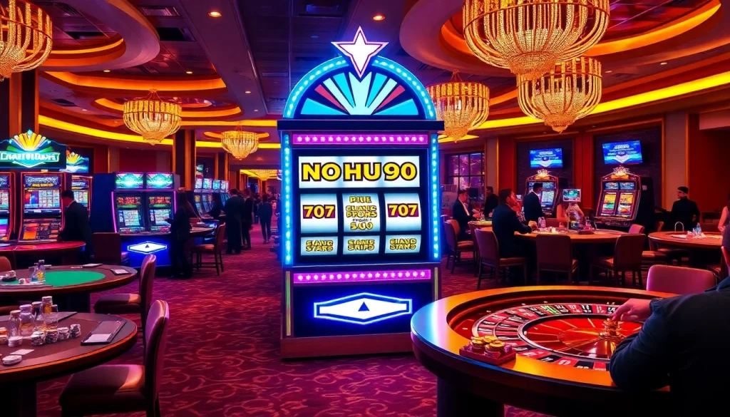 Experience excitement at NOHU90 casino with vibrant slot machines and engaging gambling tables.