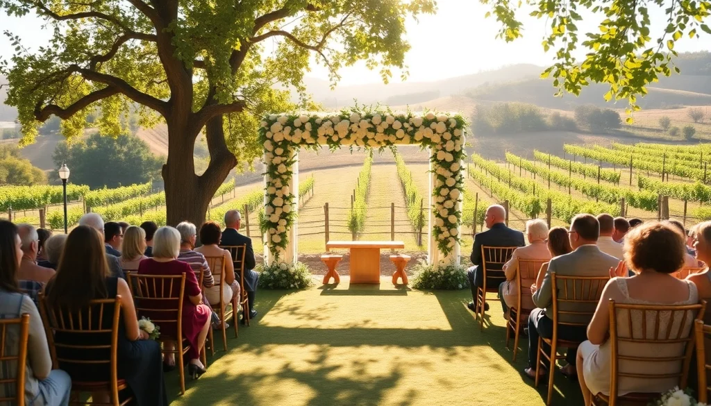 Beautiful wedding setup at Clarksburg Wedding Venues with floral altar and vineyard backdrop.