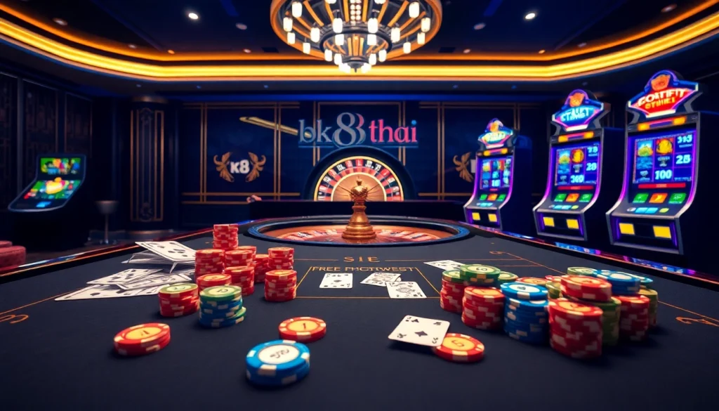 Bettor enjoying games on bk8thai's sleek online gambling platform with a roulette wheel and poker chips.