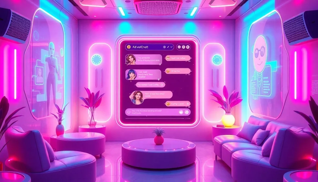 Futuristic NSFW AI chatbot interface with customizable avatars and vibrant interactive elements.