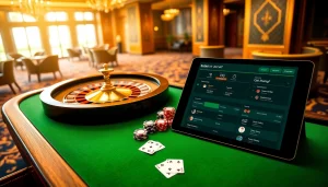 Engage with sbobet link alternatif options at a vibrant, stylish casino scene featuring roulette and poker.