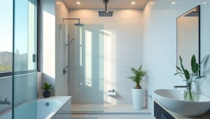 Install the sunny shower USA in a beautiful modern bathroom with bright lighting.