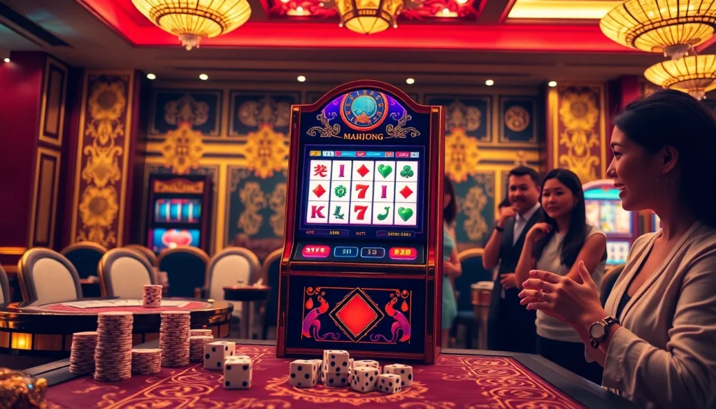 Putar gulungan pada demo slot Mahjong, diterangi lampu kasino yang cerah dan atmosfer yang mendebarkan.