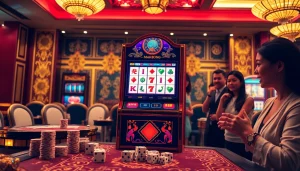 Putar gulungan pada demo slot Mahjong, diterangi lampu kasino yang cerah dan atmosfer yang mendebarkan.