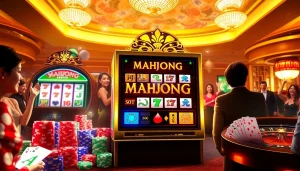 Engaging players enjoy a mahjong slot demo on a vibrant casino floor with colorful chips and reels.