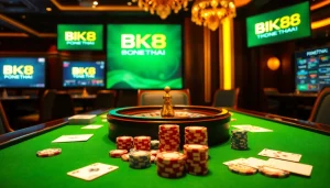 Players enjoying exciting casino games at BK8THAI, featuring chips and a roulette wheel.