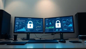 Infosec-focused modern office setup showcasing cybersecurity analytics and Amazon price tracking.
