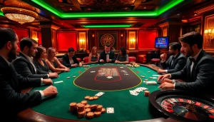 Players strategizing in a casino poker game with MMOO-themed vibrant accents.