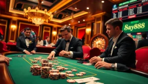 Exciting gaming scene showcasing say88 poker chips and a roulette wheel in a luxurious casino atmosphere.