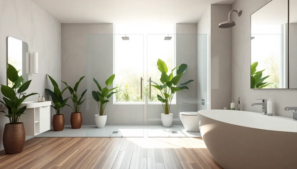 Stylish bathroom featuring elegant glass shower doors with a modern design and natural light.