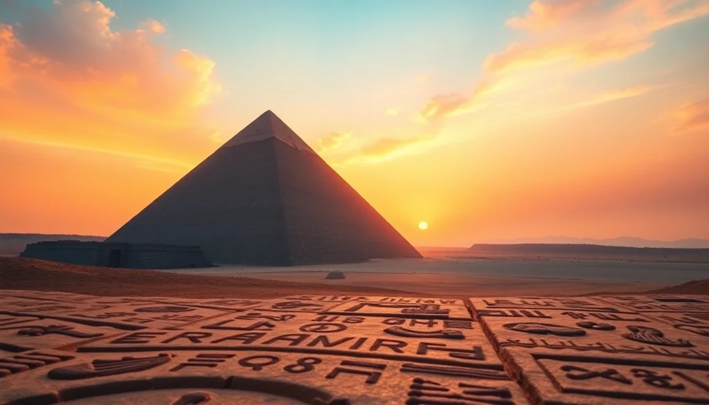 View of piraminds with hieroglyphics and a sunset backdrop, showcasing ancient Egyptian architecture.