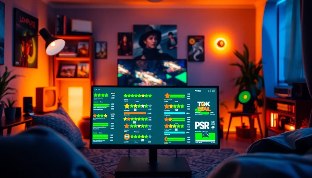 Highlighting video game reviews and ratings with an engaging gaming atmosphere featuring vibrant visuals.