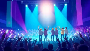 BTS news highlights vibrant concert performance with lively crowd and colorful stage lighting.