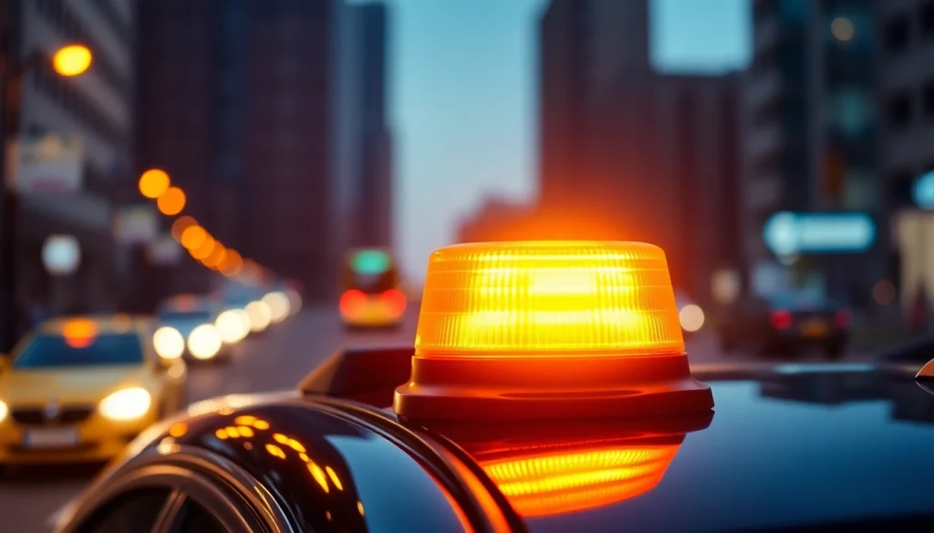 Warnleuchte V16 leuchtet auf dem Dach eines Autos in einer urbanen Umgebung und signalisiert Sicherheit.