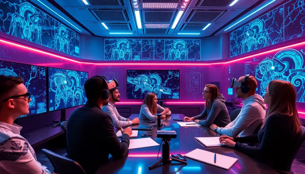 Futuristic digital studio for creating ai nsfw content with diverse creators and vibrant tech displays