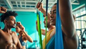 Engaged athletes using stretch bands for pull-ups in a bright gym setting
