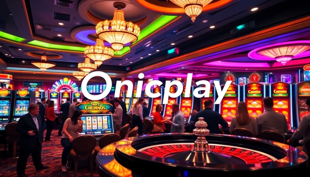 Players enjoying games at Onicplay's vibrant slot machines in a luxurious casino setting.