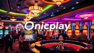 Players enjoying games at Onicplay's vibrant slot machines in a luxurious casino setting.