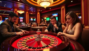 Players enjoying intense gameplay at GO8 casino with roulette and poker tables.