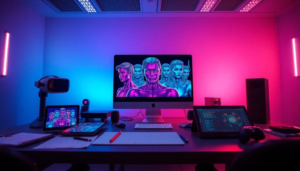 NSFW AI workspace showcasing advanced technology and vibrant character illustrations.