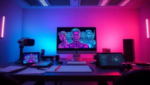 NSFW AI workspace showcasing advanced technology and vibrant character illustrations.