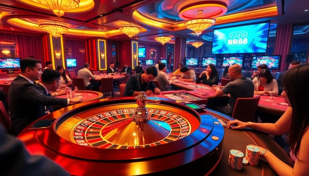 Players at RR88 casino table enjoy poker, highlighting excitement and strategy in gambling.