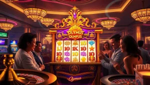 Berinteraksi dengan mesin slot Olympus yang mendebarkan di kasino mewah, menggambarkan kegembiraan dan strategi yang sedang berlangsung.