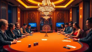 Play poker at hay.win featuring vibrant chips and a luxurious casino atmosphere