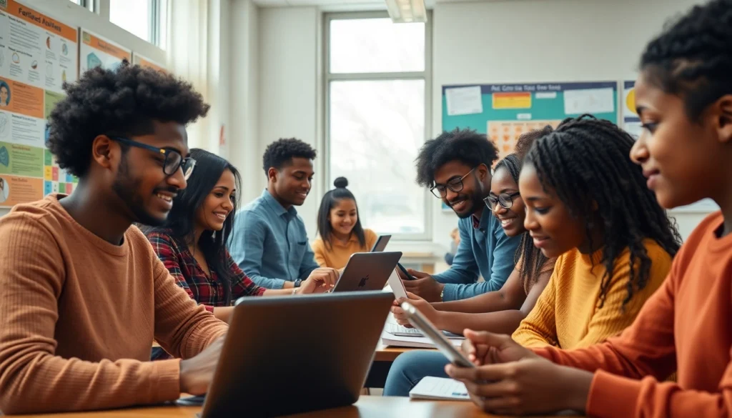 Engaged students collaborating in a modern classroom focused on education.