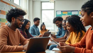 Engaged students collaborating in a modern classroom focused on education.