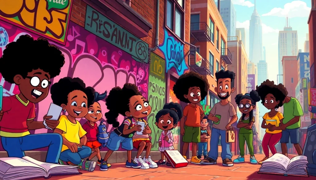 A colorful depiction of African American cartoons showcasing characters from "The Boondocks" and "The Proud Family," celebrating diversity in animation.