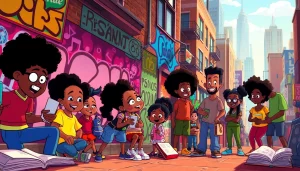 A colorful depiction of African American cartoons showcasing characters from "The Boondocks" and "The Proud Family," celebrating diversity in animation.