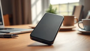 Handytasche Magnetverschluss präsentiert auf einem modernen Schreibtisch mit elegantem Design.