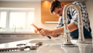 Plumber repairing a kitchen sink with professional tools in a modern home environment.