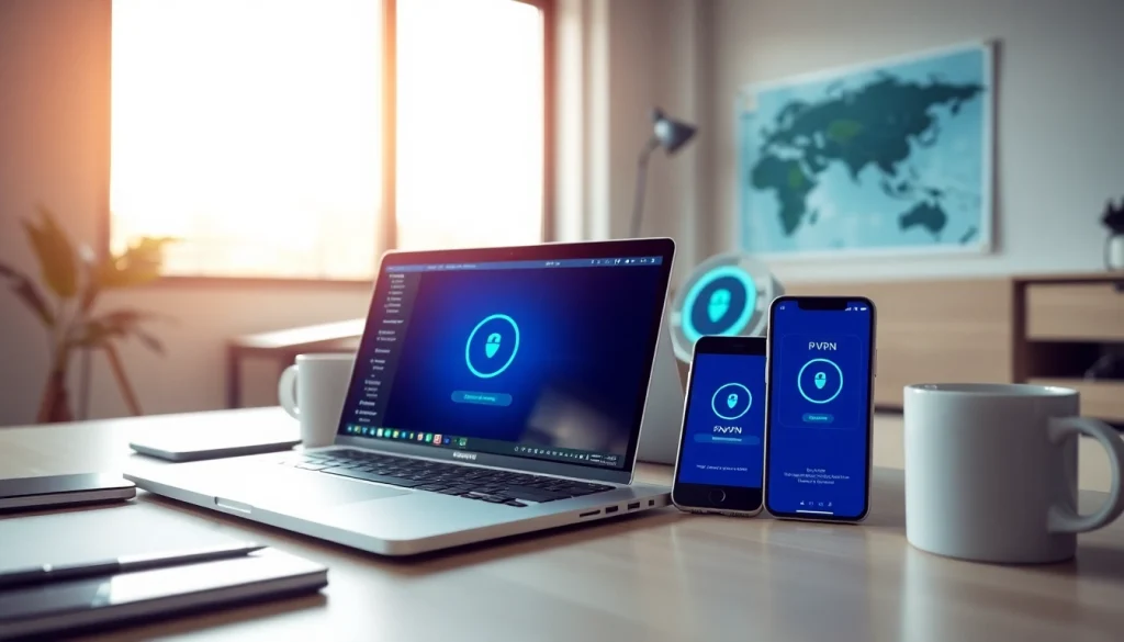 现代工作空间中多设备上显示的快连VPN界面，象征全球互联互通。