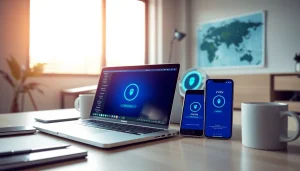 现代工作空间中多设备上显示的快连VPN界面，象征全球互联互通。