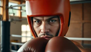 Kraftvoller Boxer mit hochwertigem headgear boxing, der sich auf das Training konzentriert.