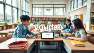 Youdao translation tool in a vibrant classroom highlighting modern learning.