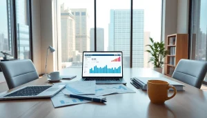 VAT Return Filing in UAE office environment with financial documents and FTA portal on laptop.