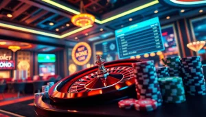 Engage with sbobet link alternatif in a dynamic online casino setting featuring poker chips and roulette.