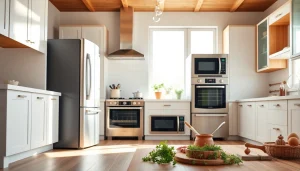 Showcase of home appliances in a modern kitchen, featuring sleek designs and a warm atmosphere.