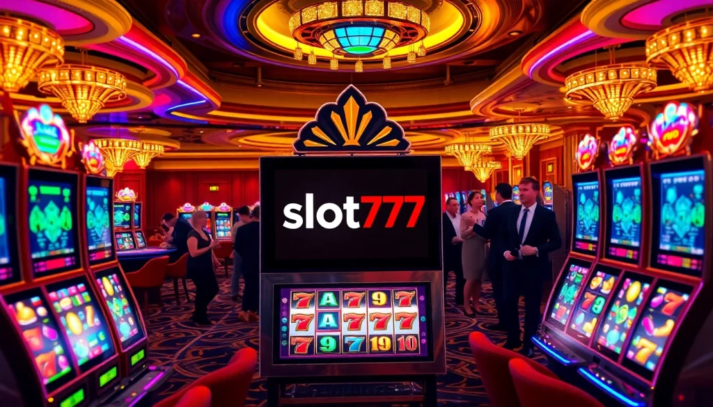 Excited players winning on slot777 jackpot machines in a vibrant casino setting.