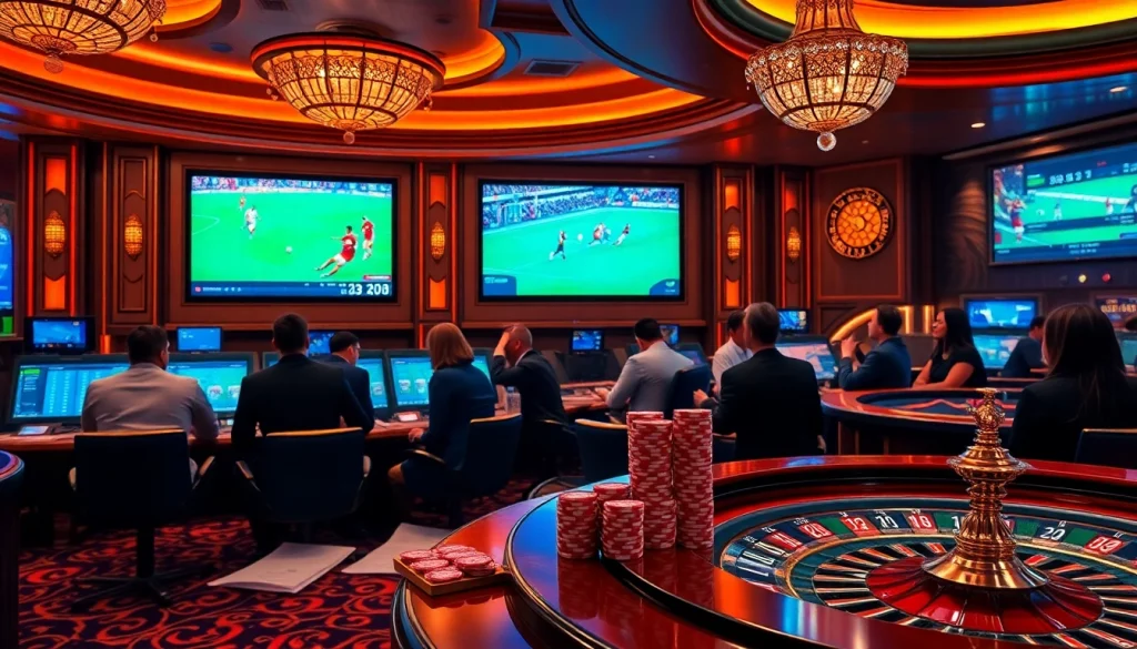 situs bola online live sports betting scene with elegant decor and engaging patrons.