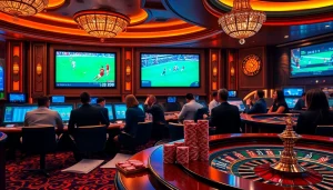 situs bola online live sports betting scene with elegant decor and engaging patrons.