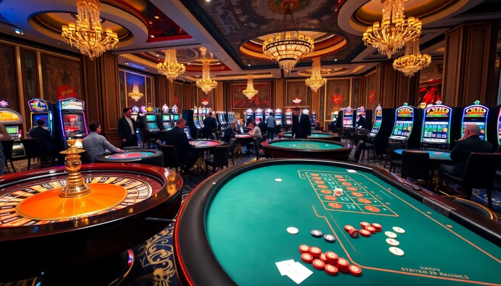 Une scène de jeu captivante représentant le meilleur casino en ligne France avec des tables de roulette élégantes et des joueurs.