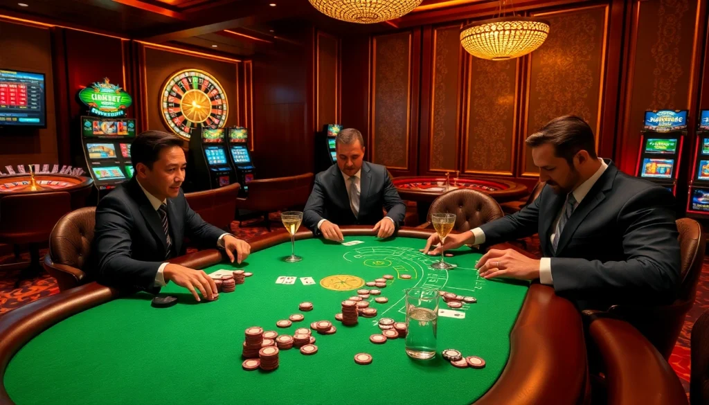 Players engaging in high-stakes poker at SHBET's luxurious online casino.