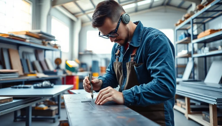 Engaged professional in sheet metal training shaping metal with precision tools.