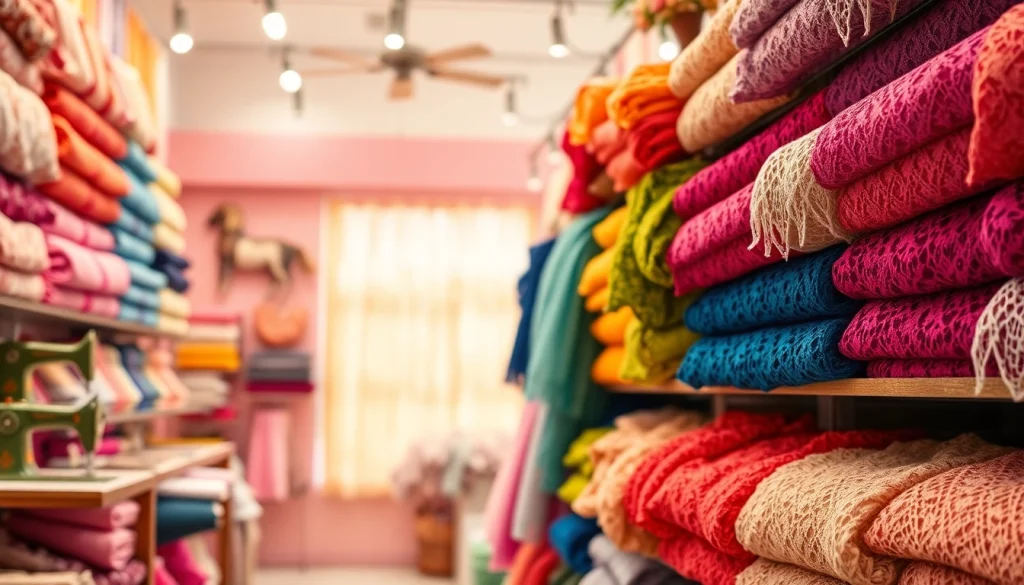 Kant stof kopen in een kleurrijke stoffenwinkel met diverse kantstoffen.